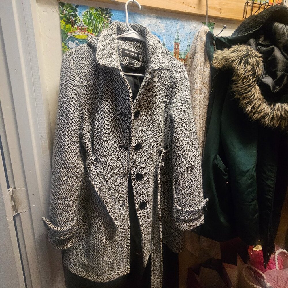 LIZ CLAIBORNE Pea Coat Black / White Wool Blend Double Breasted - Small